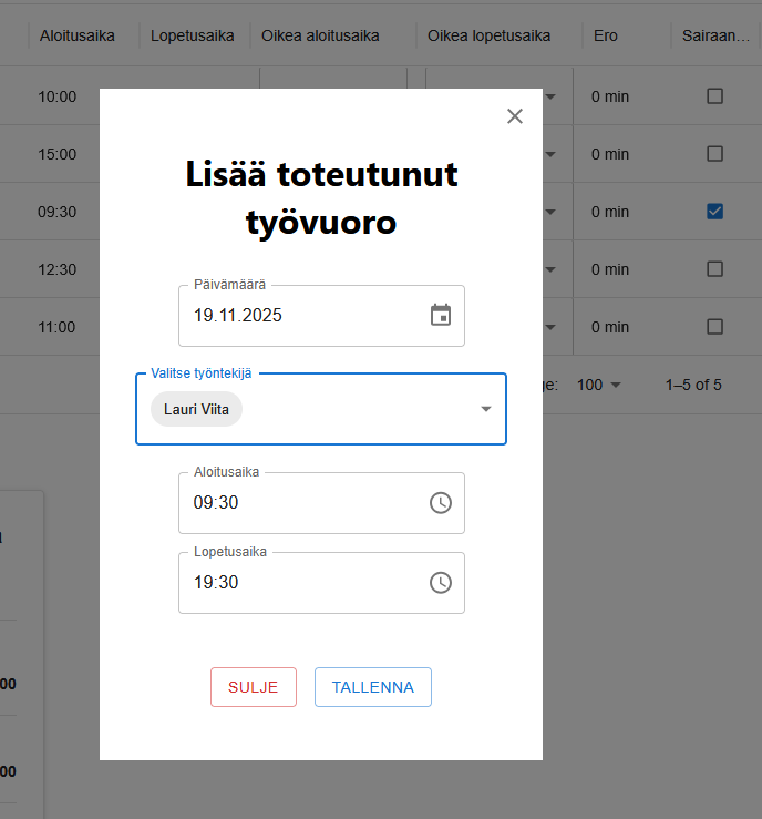 Tuntien kirjaus -näkymä tiimin tiedoilla